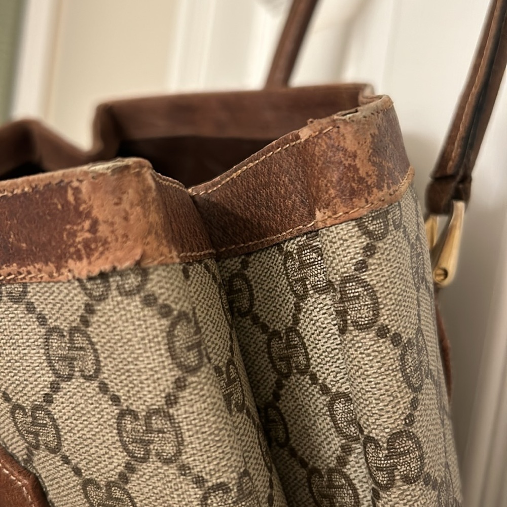 Vintage Gucci Supreme Beige Brown Fabulous Tote Bag Leather Handle Gold Accents - Picture 15 of 16
